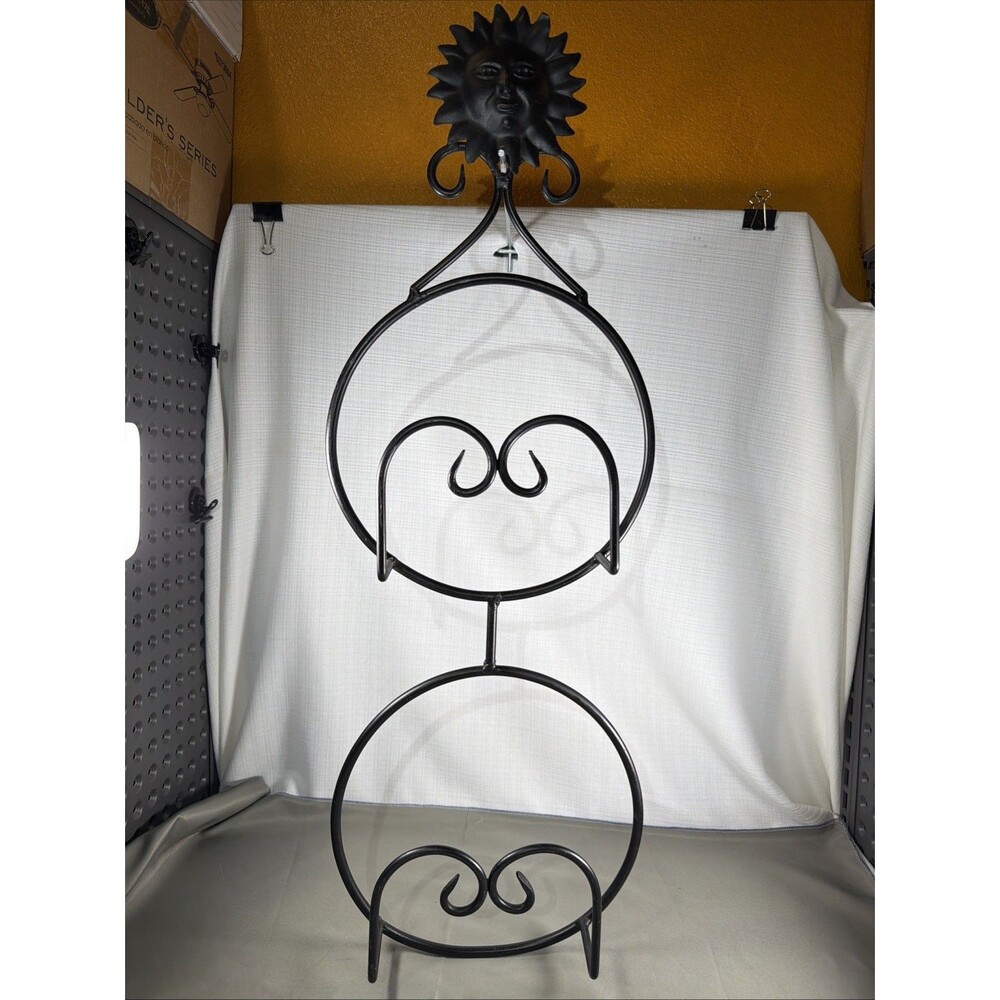 Vintage Wrought Iron Sun Face 2 Tier Wall Hanging Rack Display Holder 28"